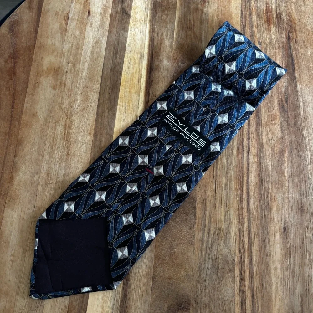 Zylos George Machado Men's Necktie Blue Black Diamond Pattern Italian Silk W4